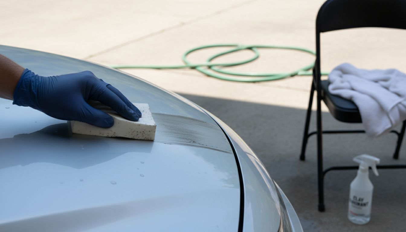 Gloved hand using clay bar on car