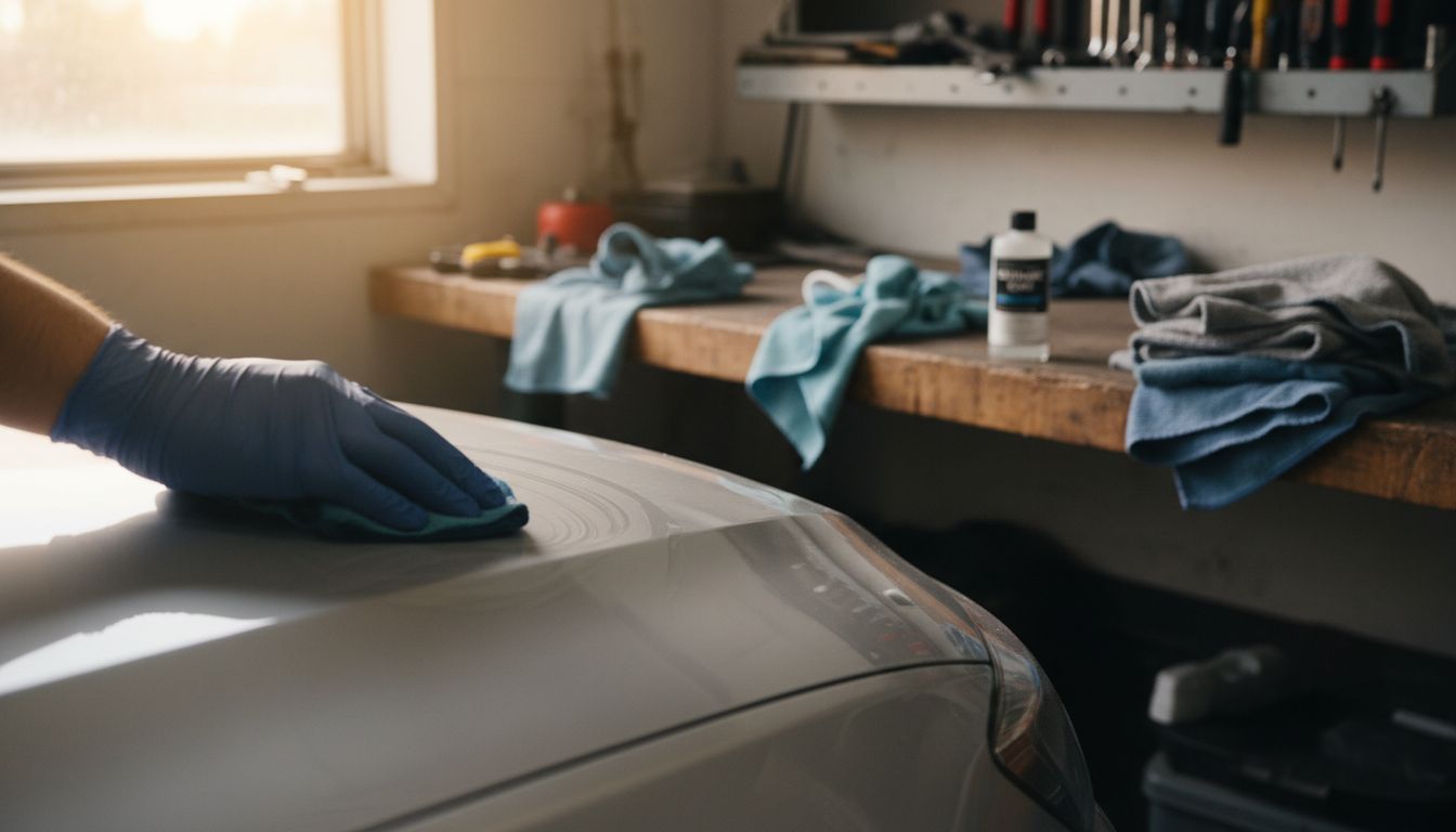 Close-up hand applying coating to car fender