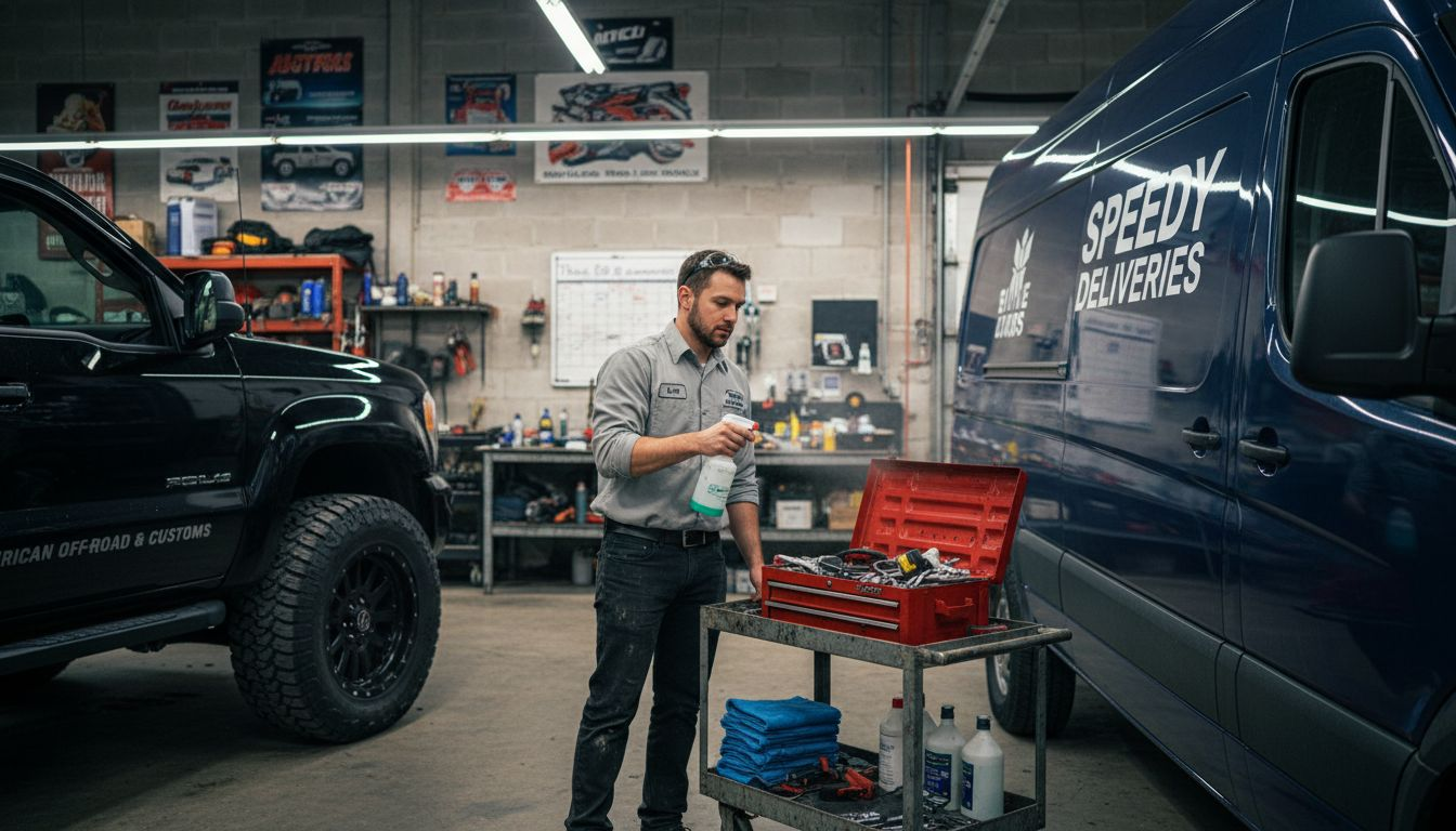 Detailer performing custom service in garage