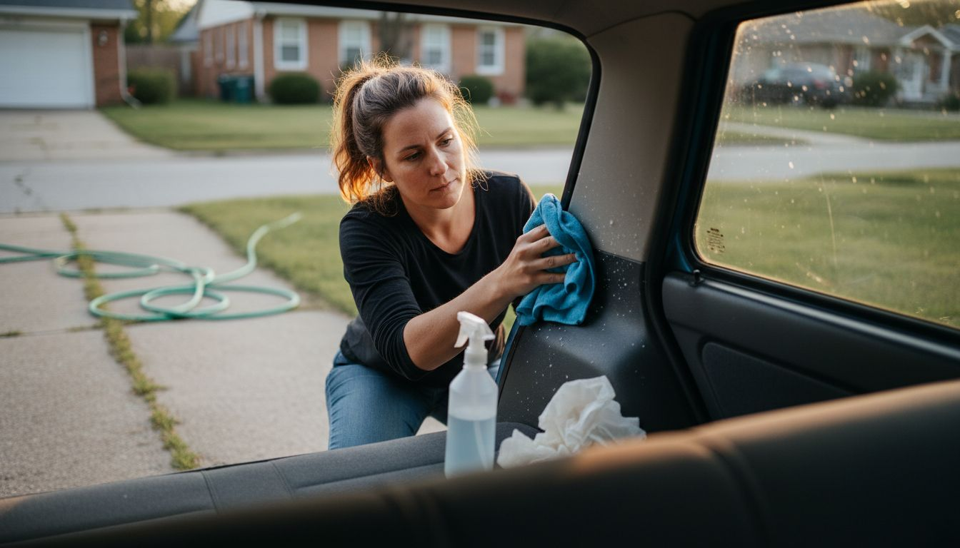 Woman cleaning car window for tinting