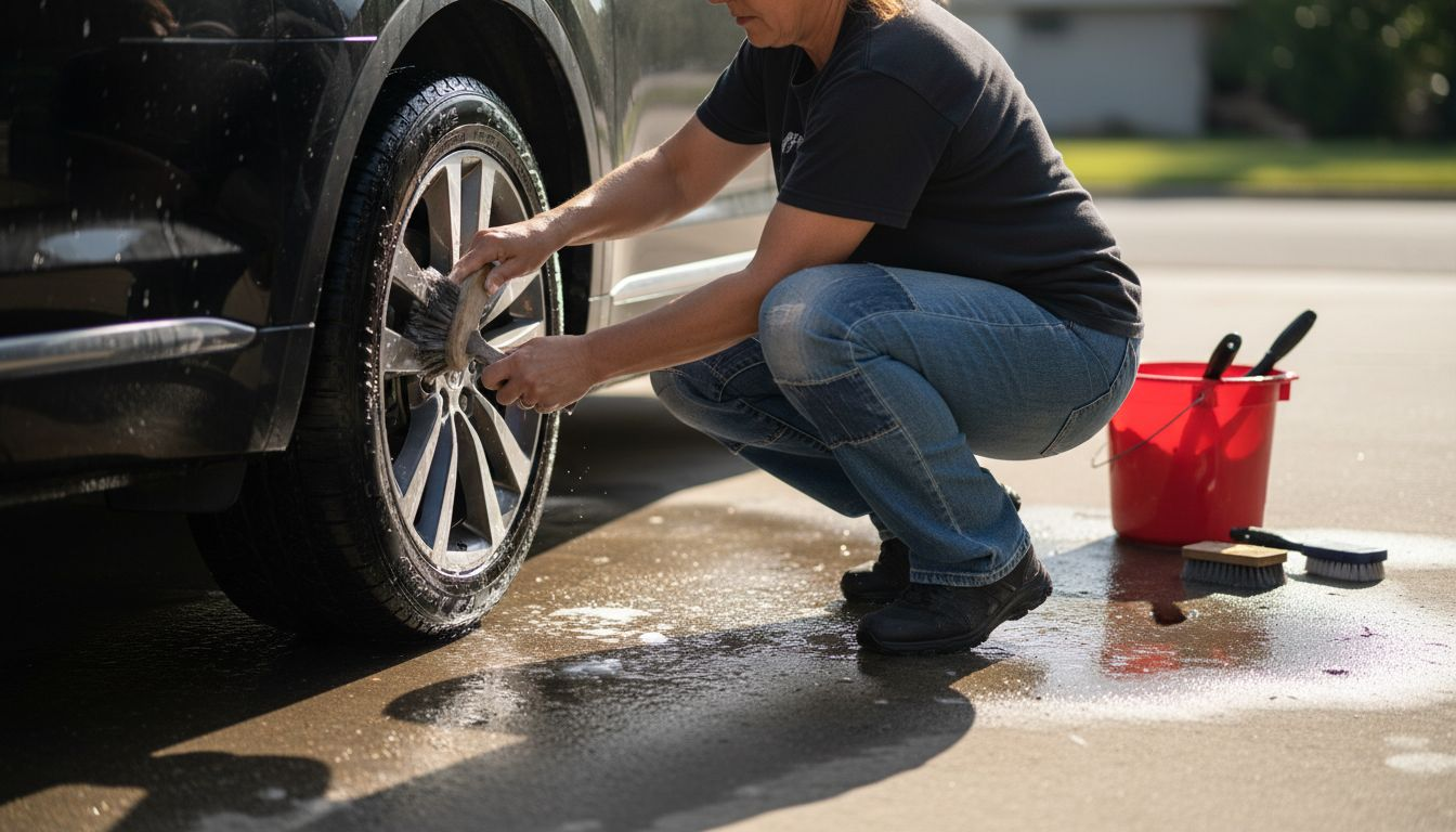 Technician cleaning tire with brush outside