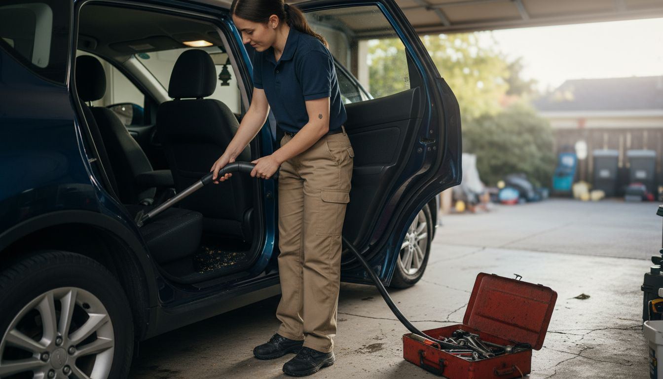 Detailer vacuuming car interior in garage
