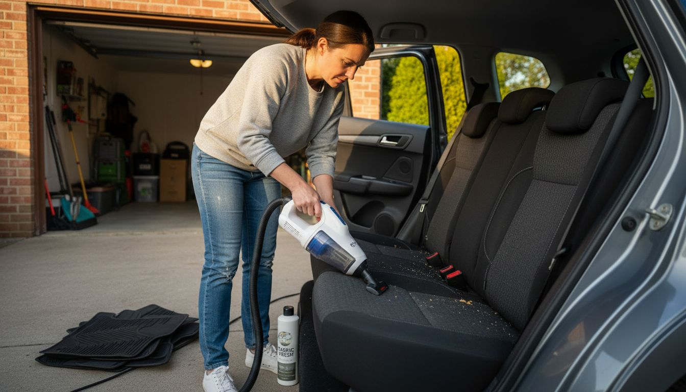 Vacuuming car seats with handheld vacuum