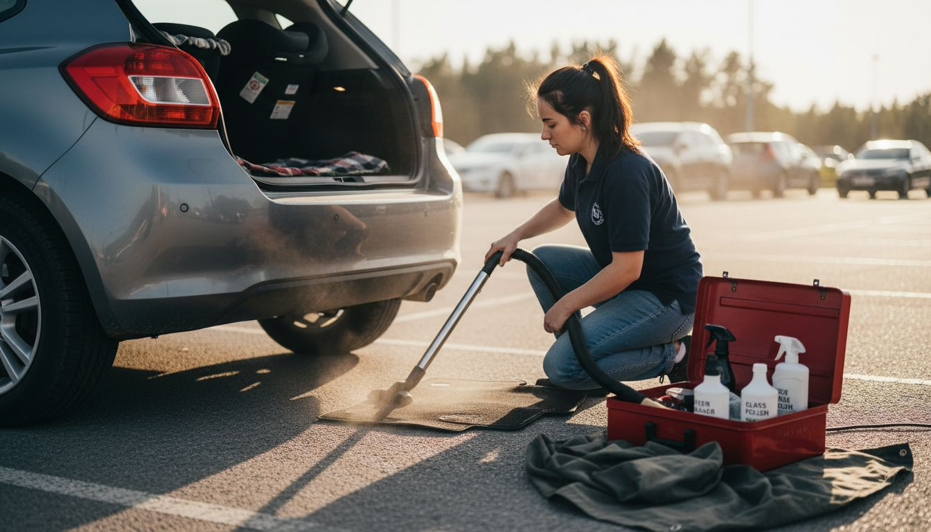 Technician cleaning car interior outdoors