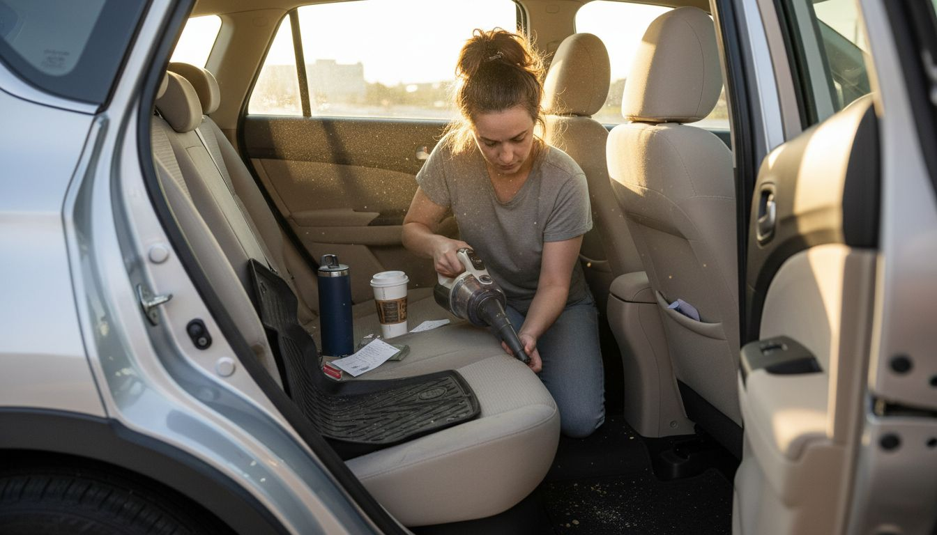 Woman vacuuming SUV interior before detailing