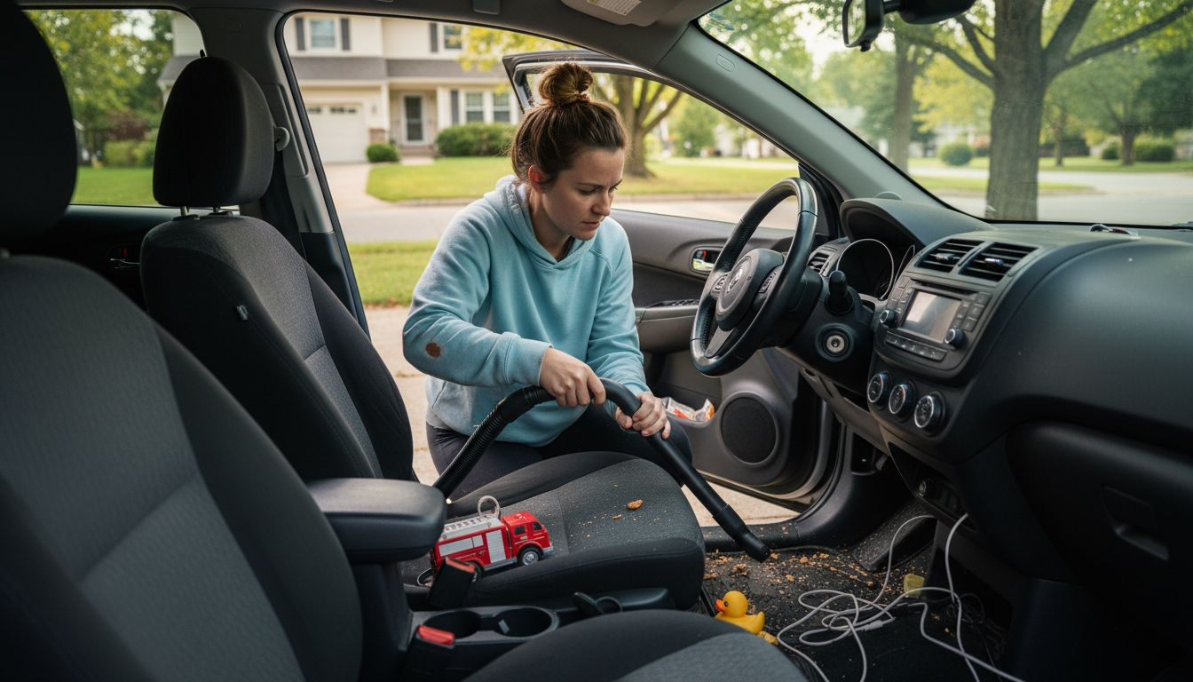 Woman vacuuming cluttered car interior