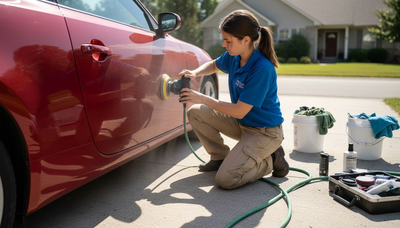 Technician performing paint correction outdoors
