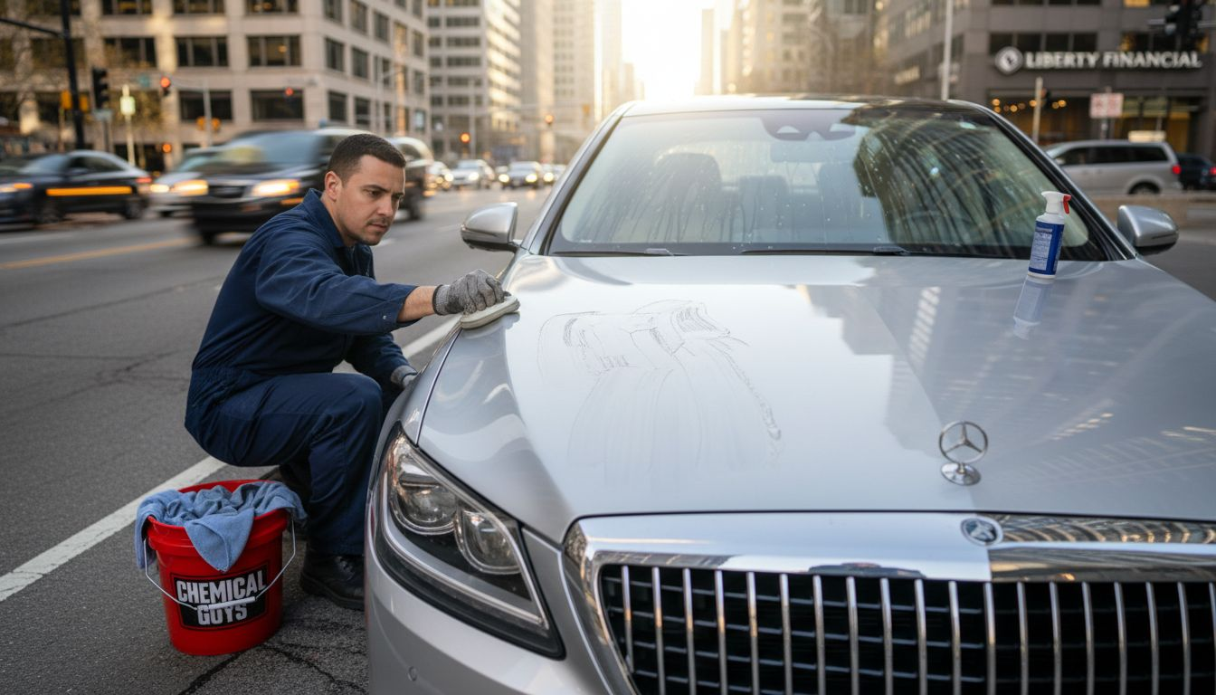 Technician waxing sedan during exterior detailing