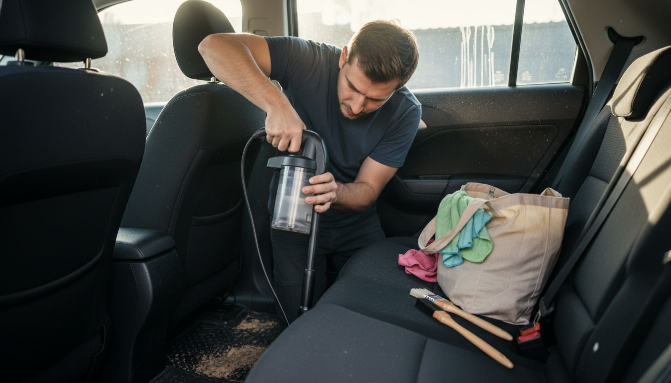 Man vacuuming car seat upholstery crevice