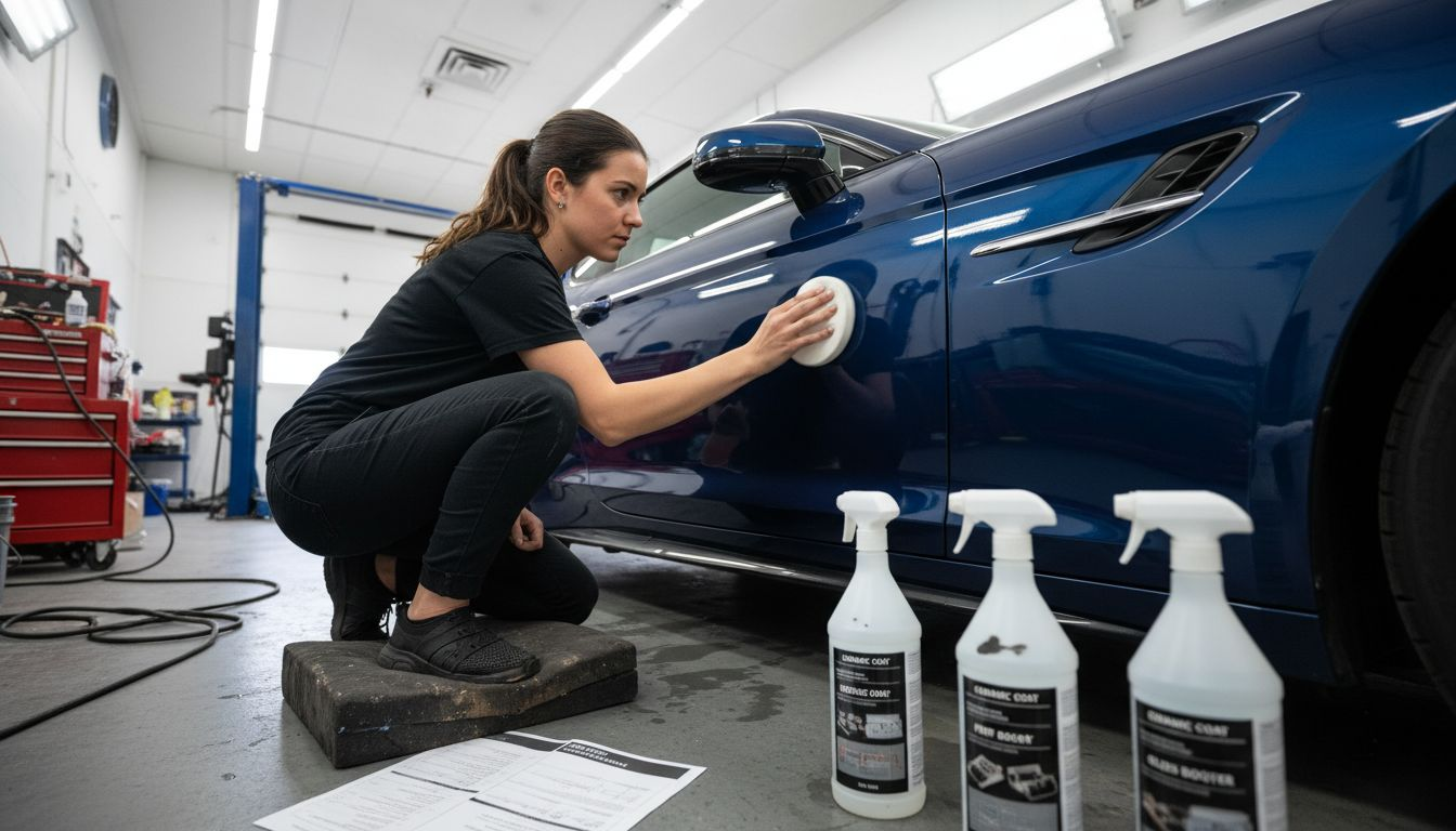 Detailer applies ceramic coating to vehicle