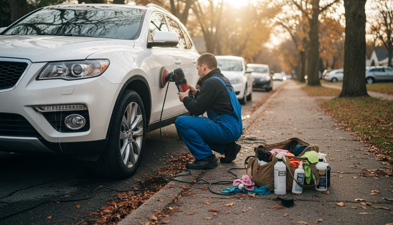 Detailer working on car exterior in neighborhood