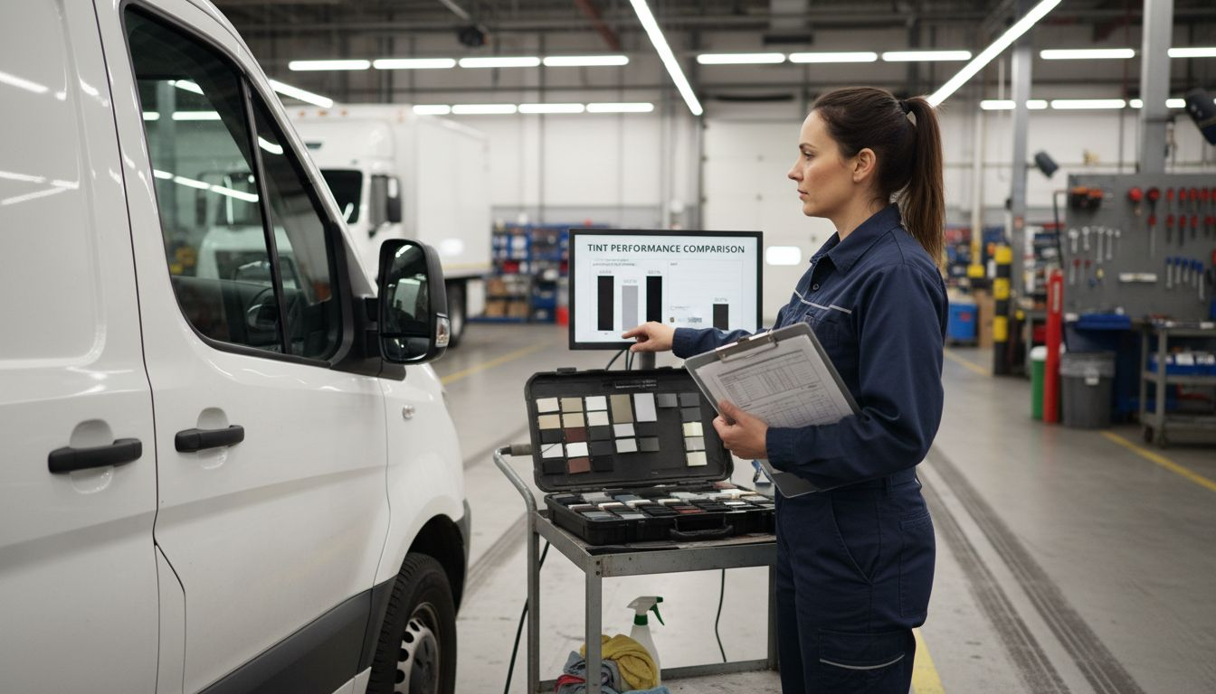 Supervisor comparing window tint materials onsite
