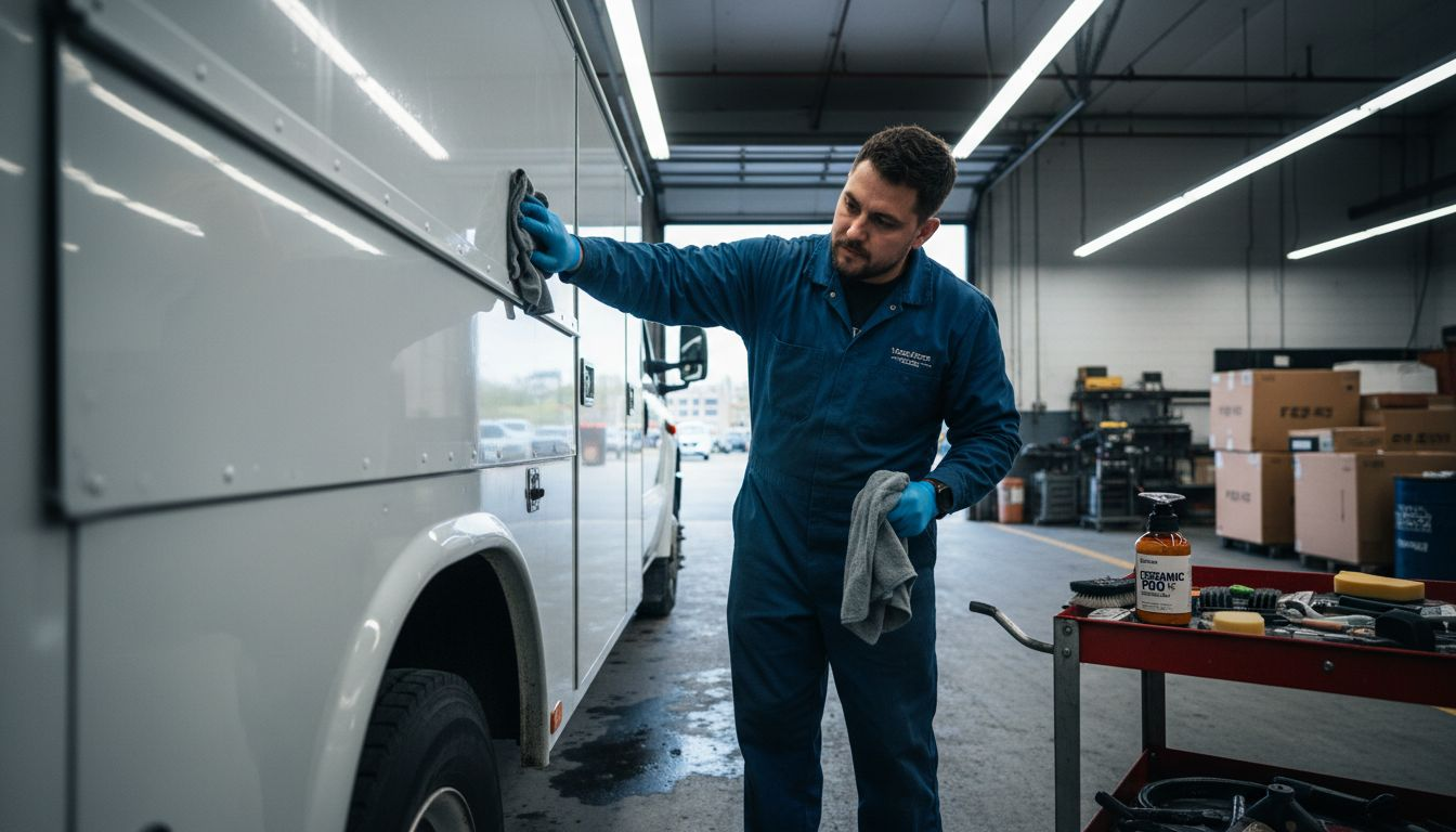 Technician applies ceramic coating in garage