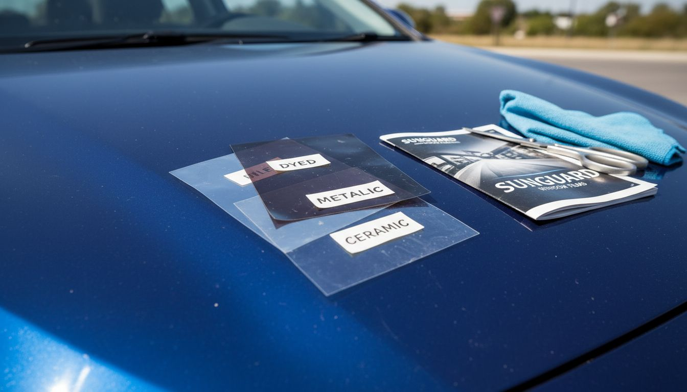 Window film samples on car hood