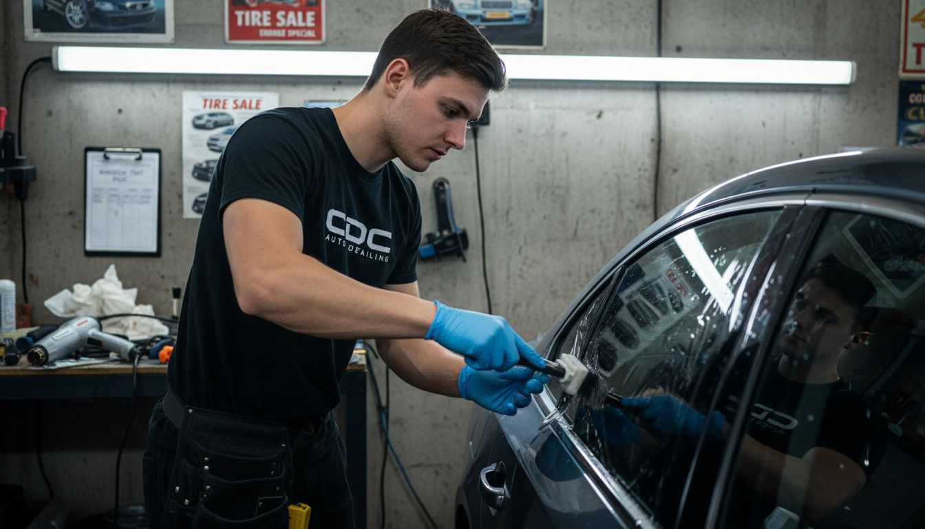 Technician installing window tint in busy garage