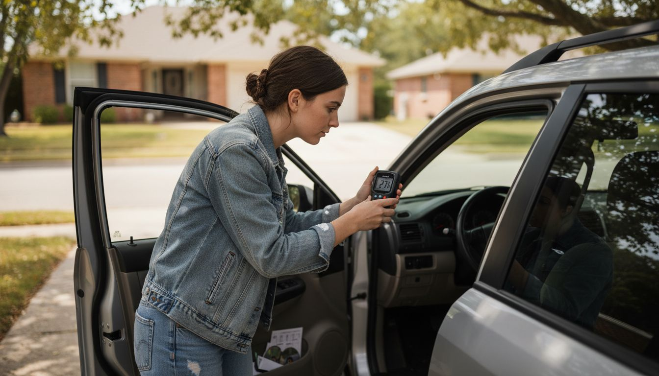 Woman measuring tint percentage on car