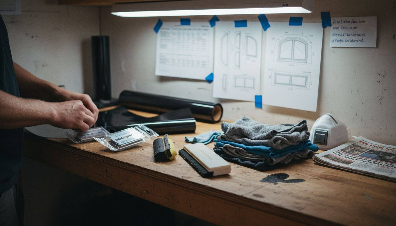 Window tinting tools on messy workbench