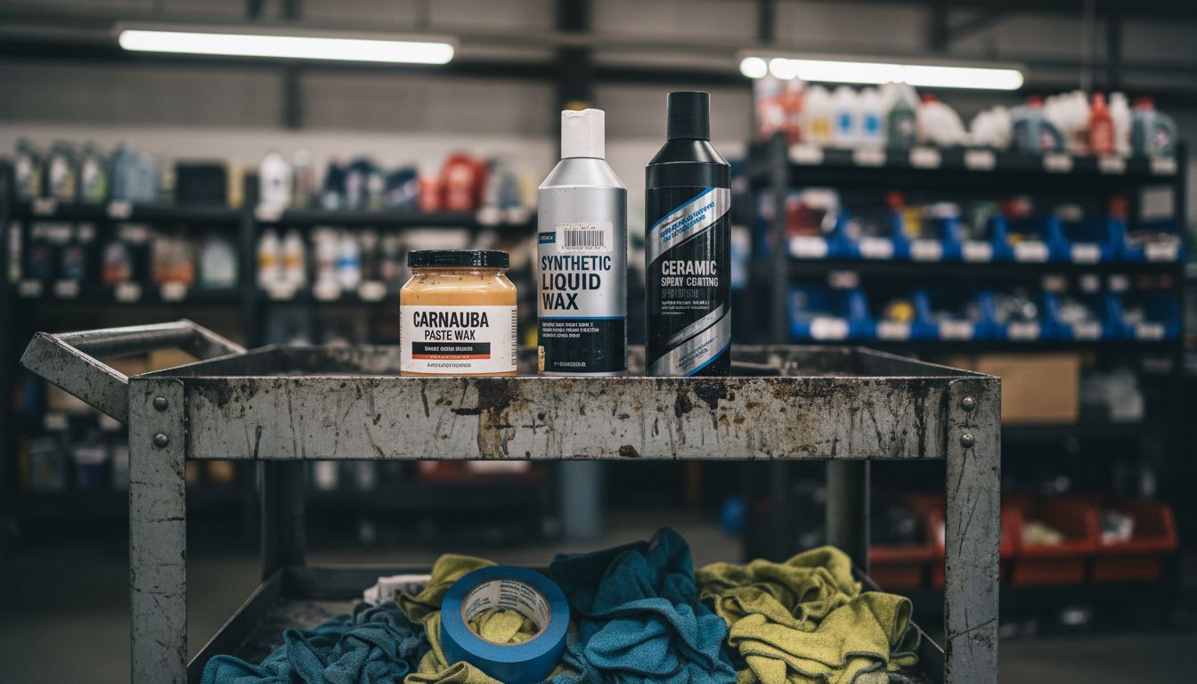 Three types of car wax bottles in shop