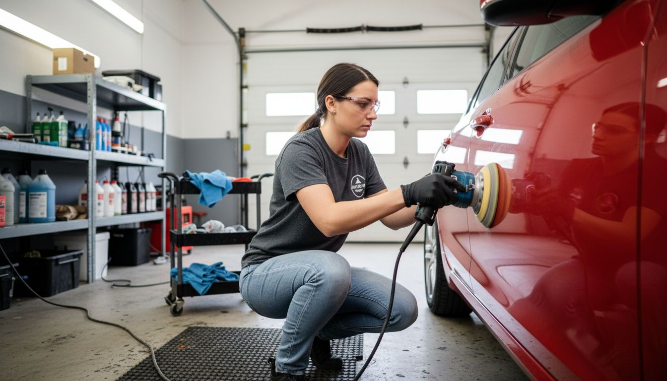 Technician polishing car for paint protection