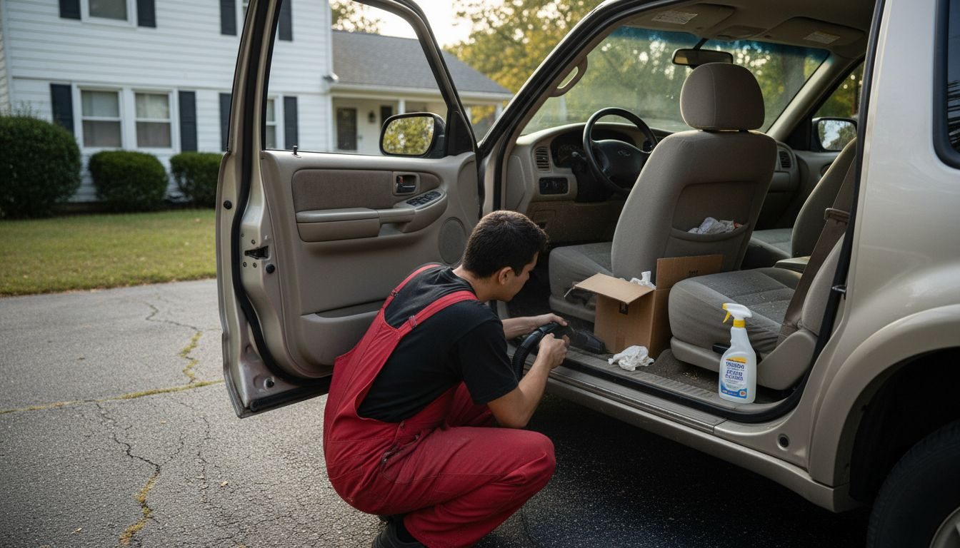 Technician vacuuming SUV interior driveway