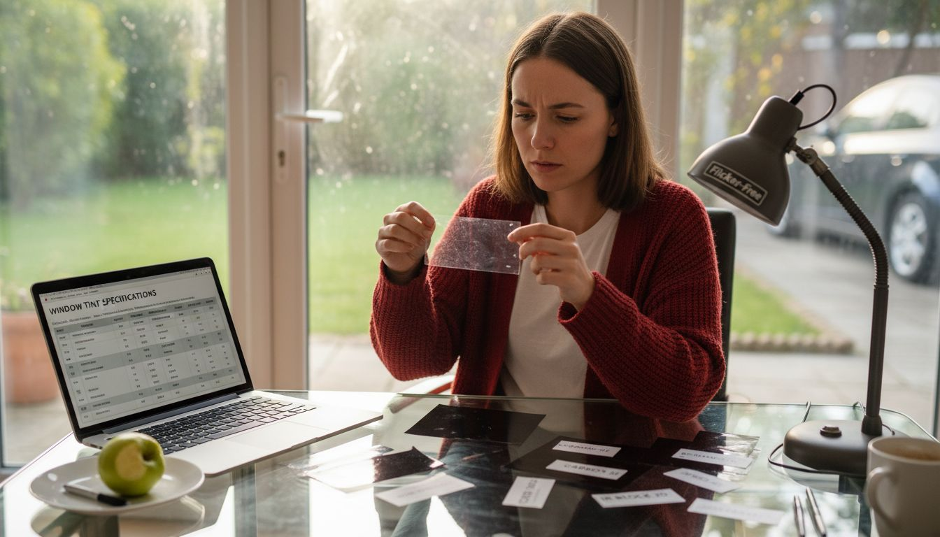 Comparing car tint film samples at table