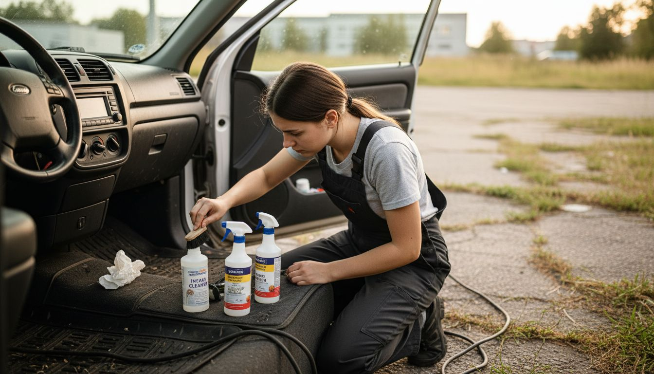 Detailer cleaning SUV interior with floor clutter