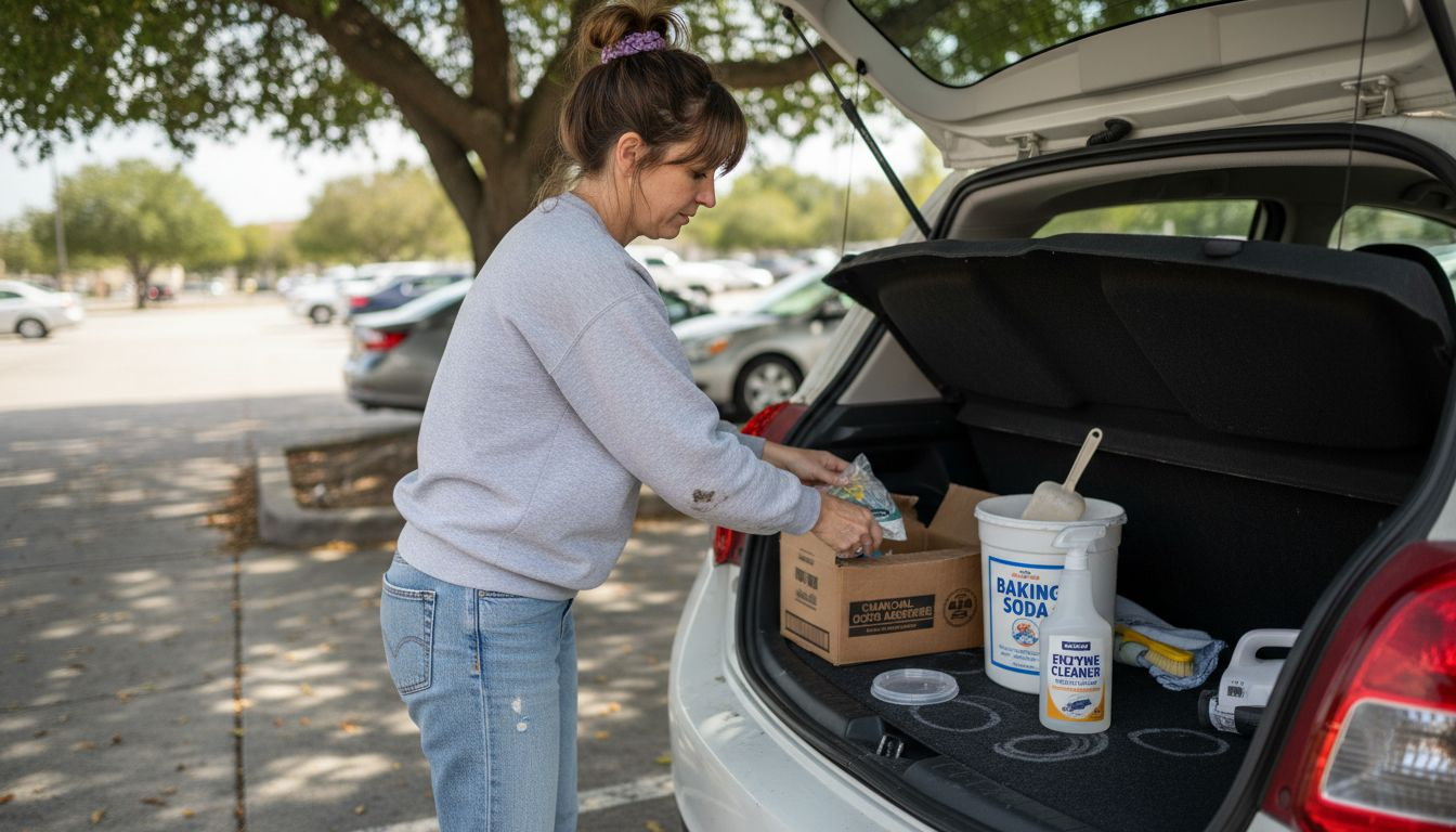 Car trunk with odor removal cleaning supplies