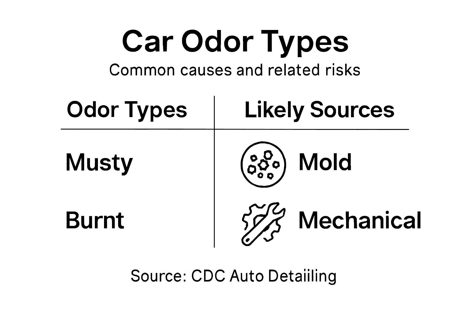 Infographic showing car odor types and causes