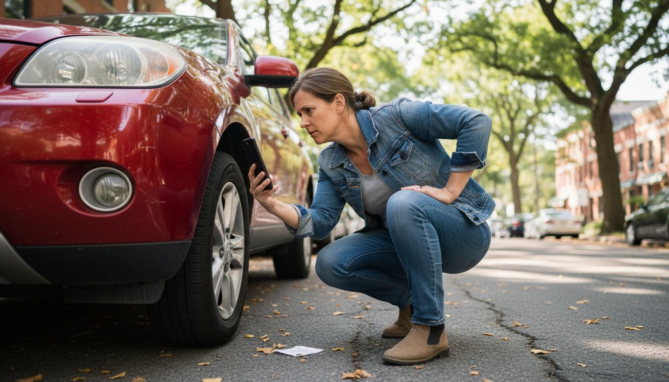 Woman checking car for damage before detail