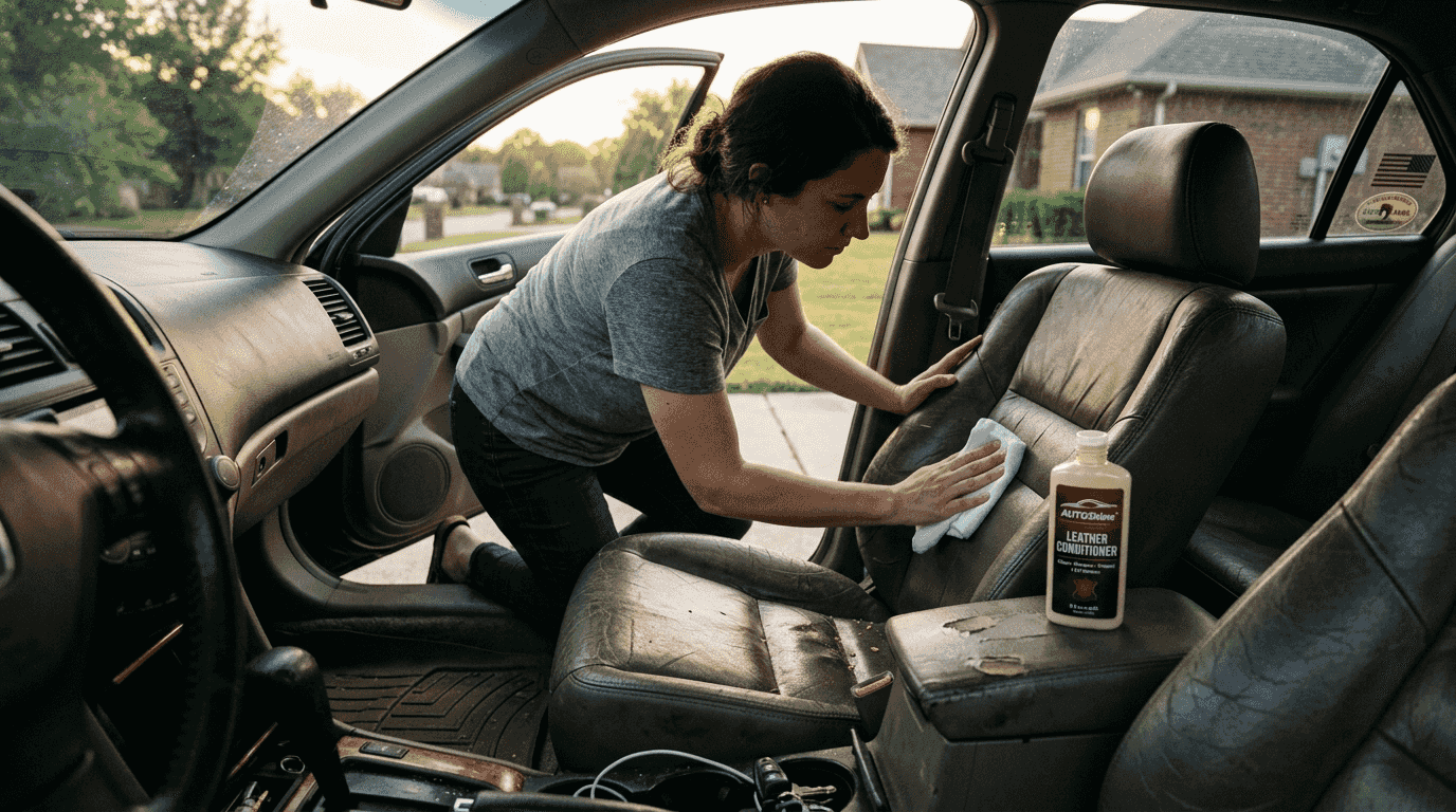 Woman applying conditioner to worn leather seat