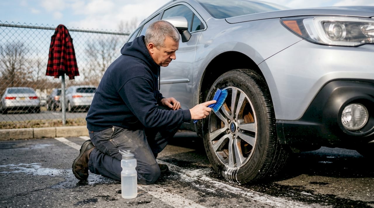 Car detailer cleaning winter road salt from wheel well