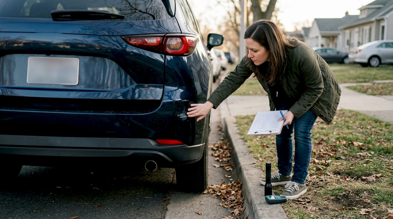 Woman checking SUV paint with checklist