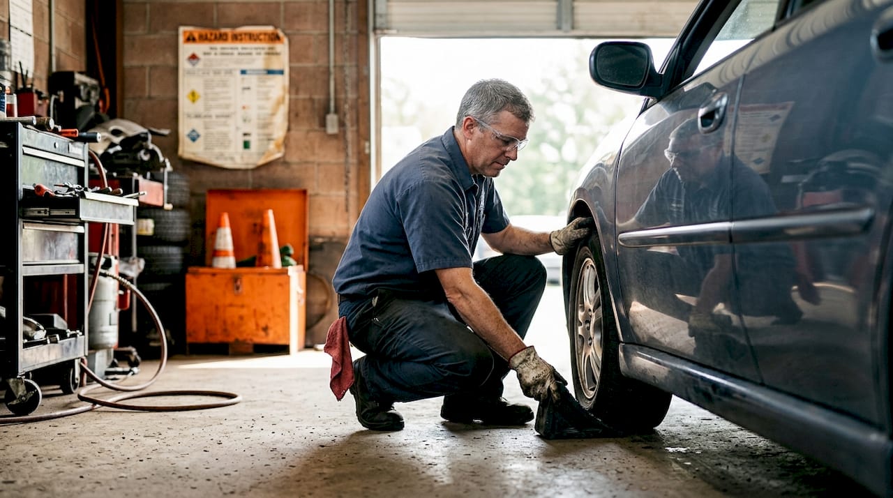 Technician using wheel chocks and safety gear