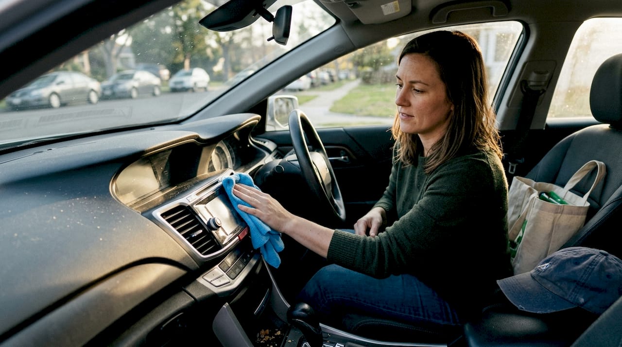 Woman cleaning dashboard inside realistic car interior