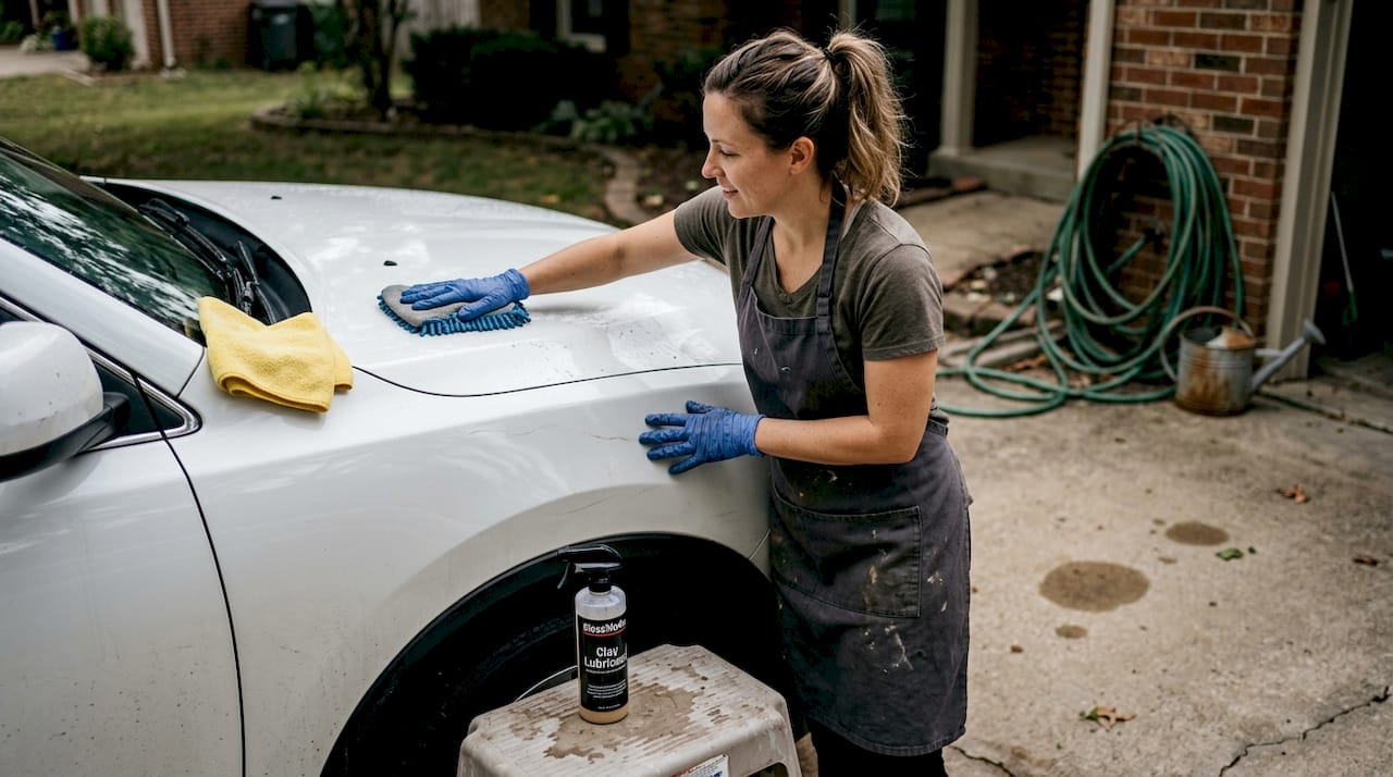 Applying clay mitt to car hood in driveway