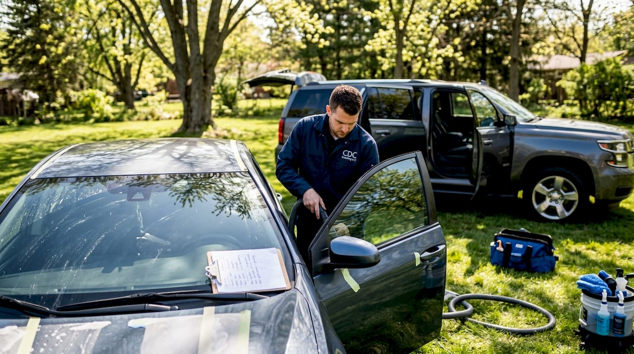 Mechanic with sedan and SUV size comparison