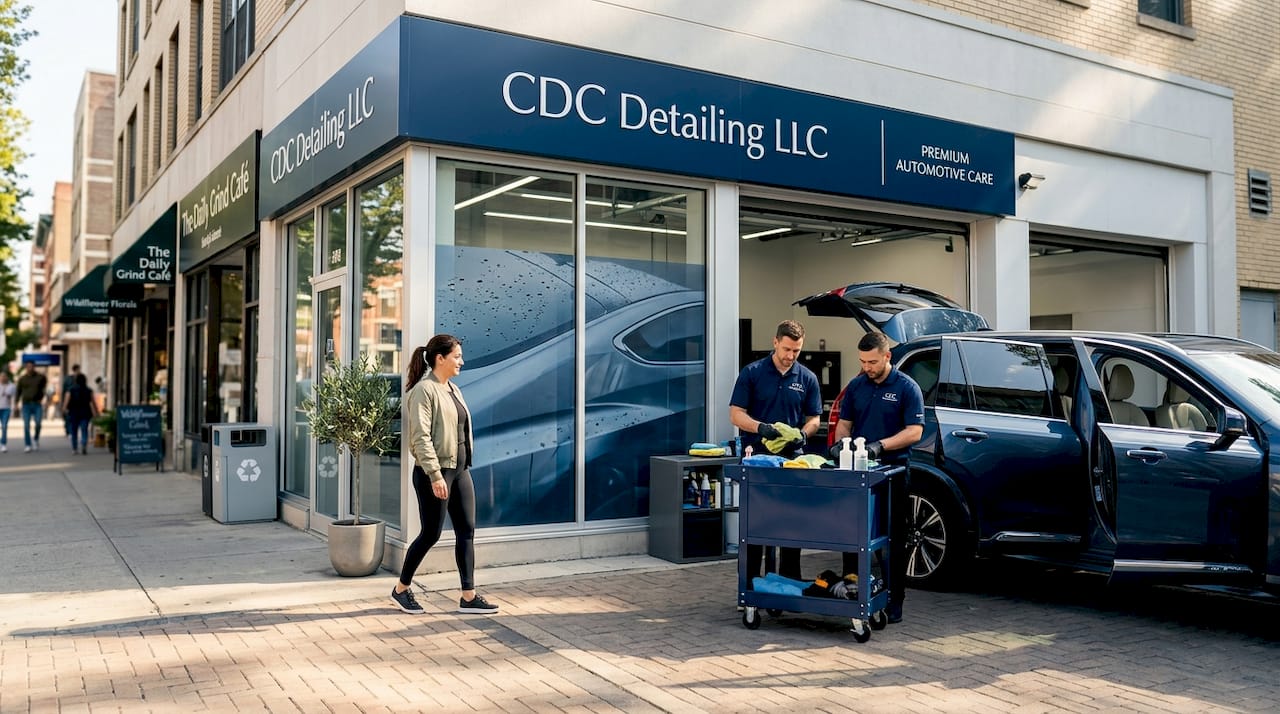 City auto detail shop with SUV and pedestrians