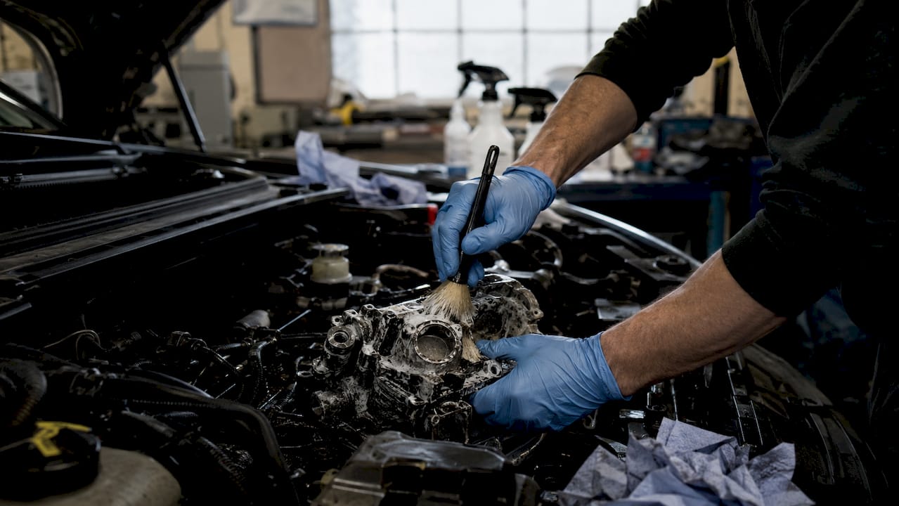 Hands scrubbing car engine part with brush