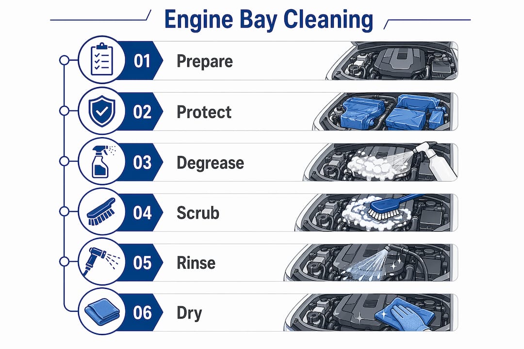 Infographic detailing engine bay cleaning steps