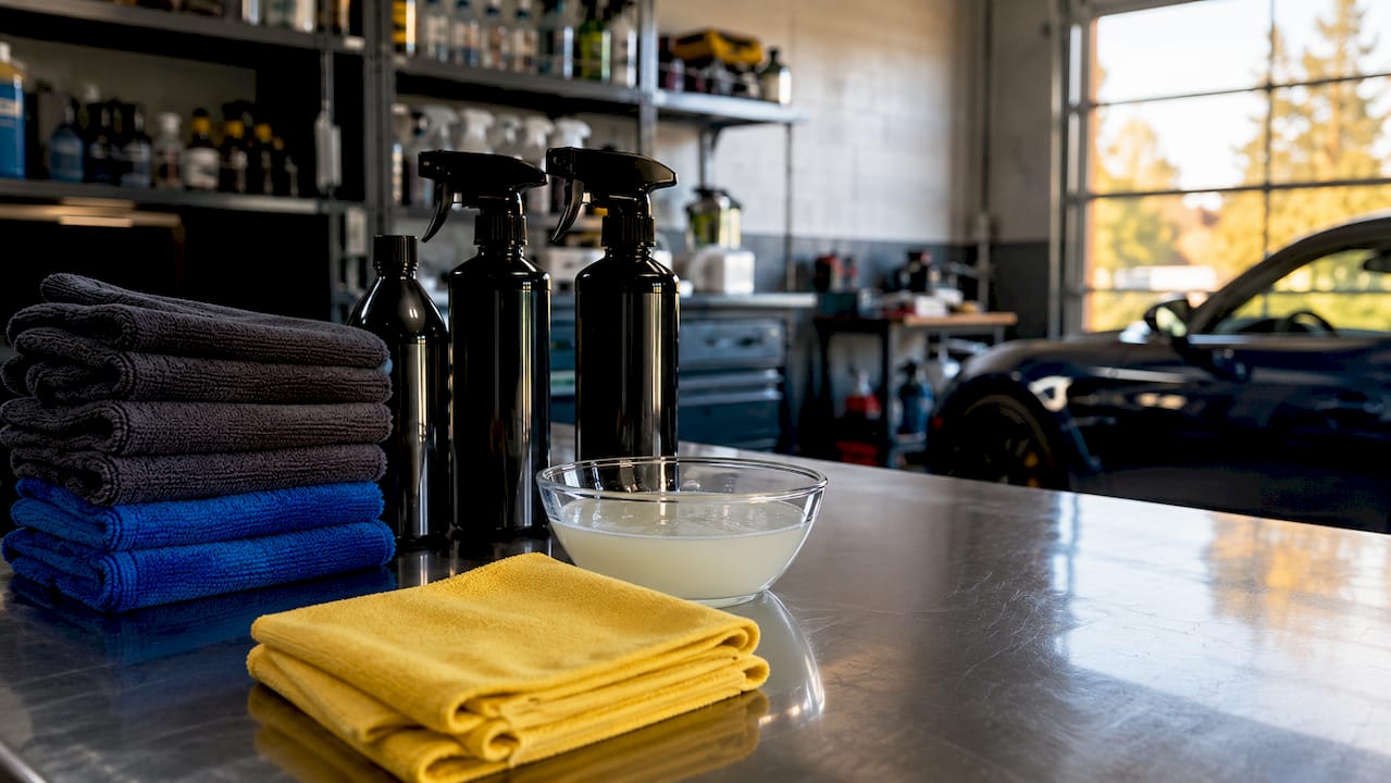 Leather cleaning products and cloths on workbench