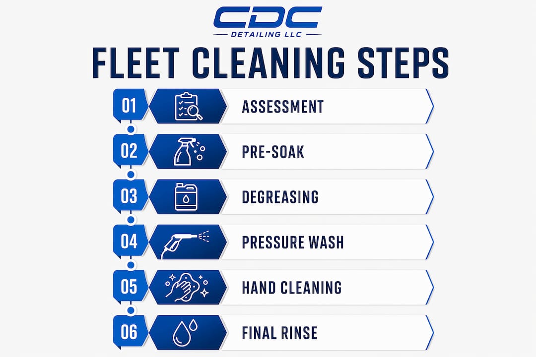Infographic depicting six steps of fleet cleaning process