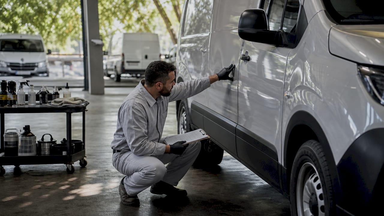 Mechanic inspecting vehicle paint and damage outdoors