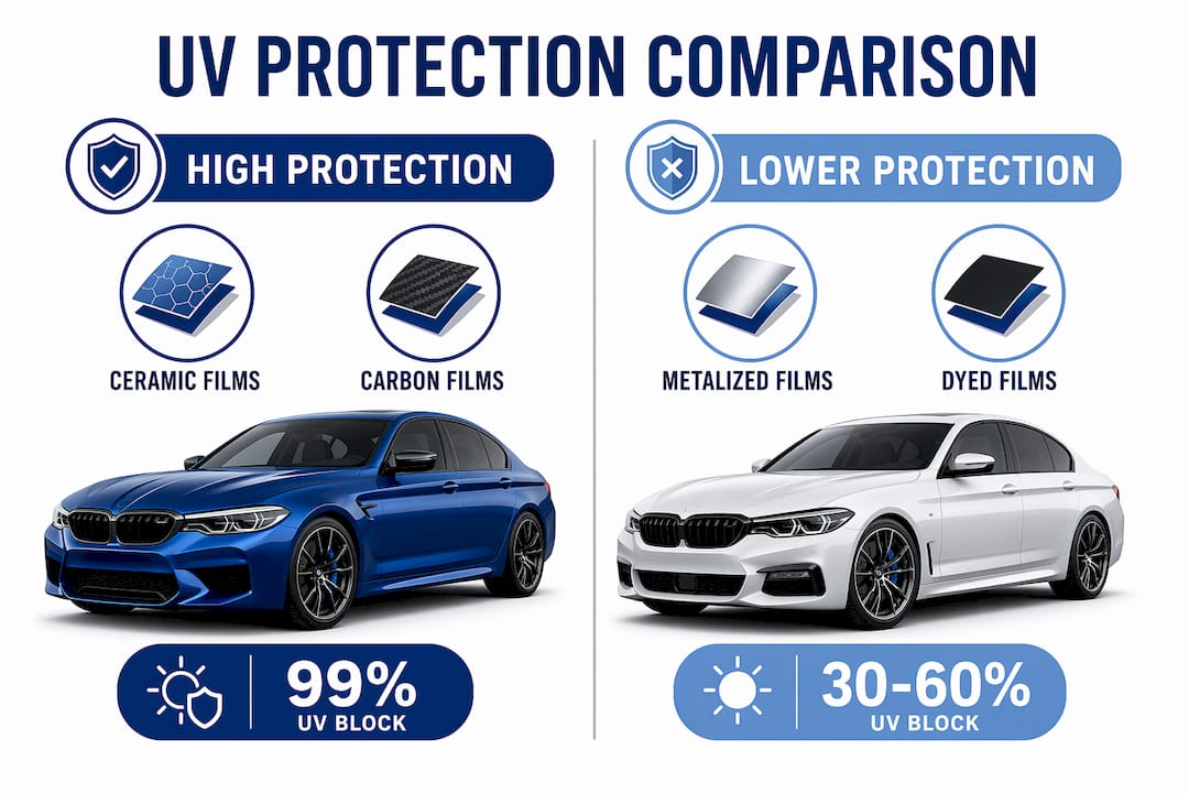 Infographic comparing UV protection of different car window films.