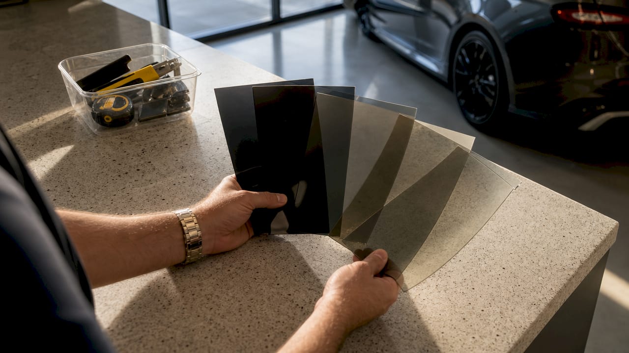 Hands holding various car window tint film samples