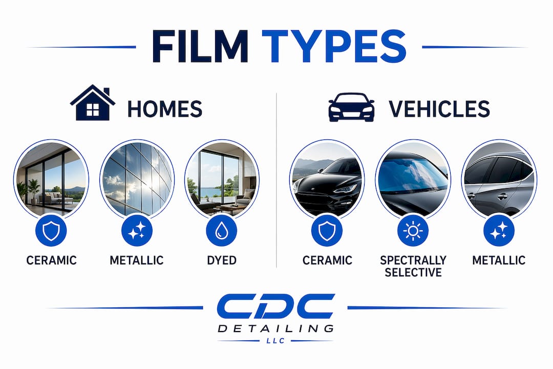 Infographic comparing window film types for homes and vehicles