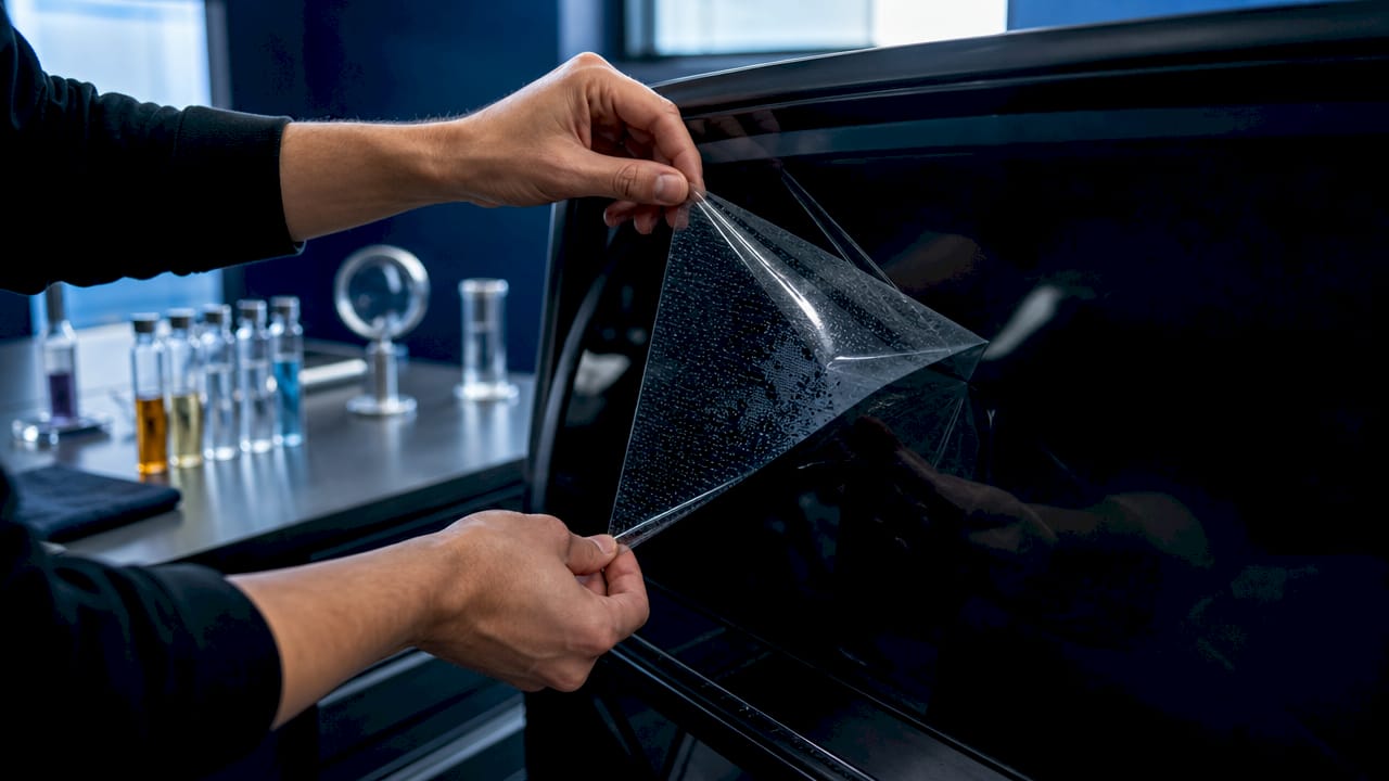 Close-up of nanotech window tint film on car glass