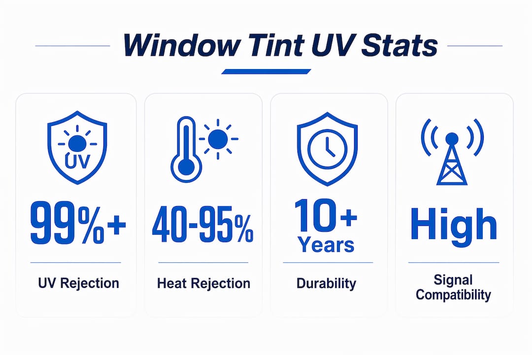 Infographic showing UV protection statistics of window tint types