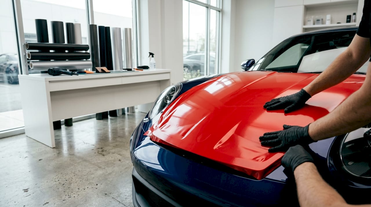 Close-up of hands applying vinyl wrap on car hood