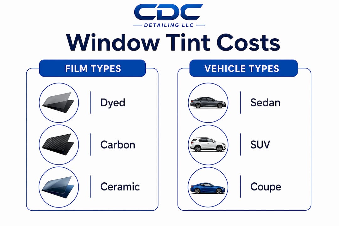 Infographic comparing window tint film types and vehicle types