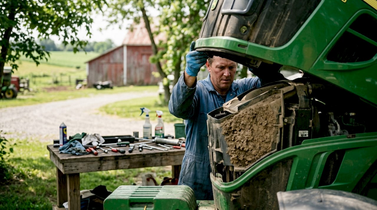 Hands removing tractor panel in farm workshop
